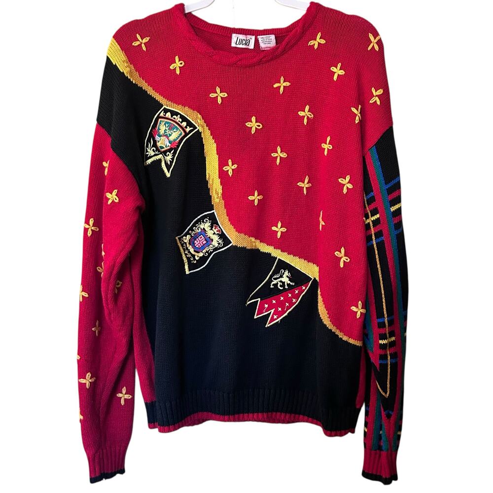 Vtg 1990s LUCIA Women's Sweater Coat of Arm Patches Sz XL Red / Black Colorblock